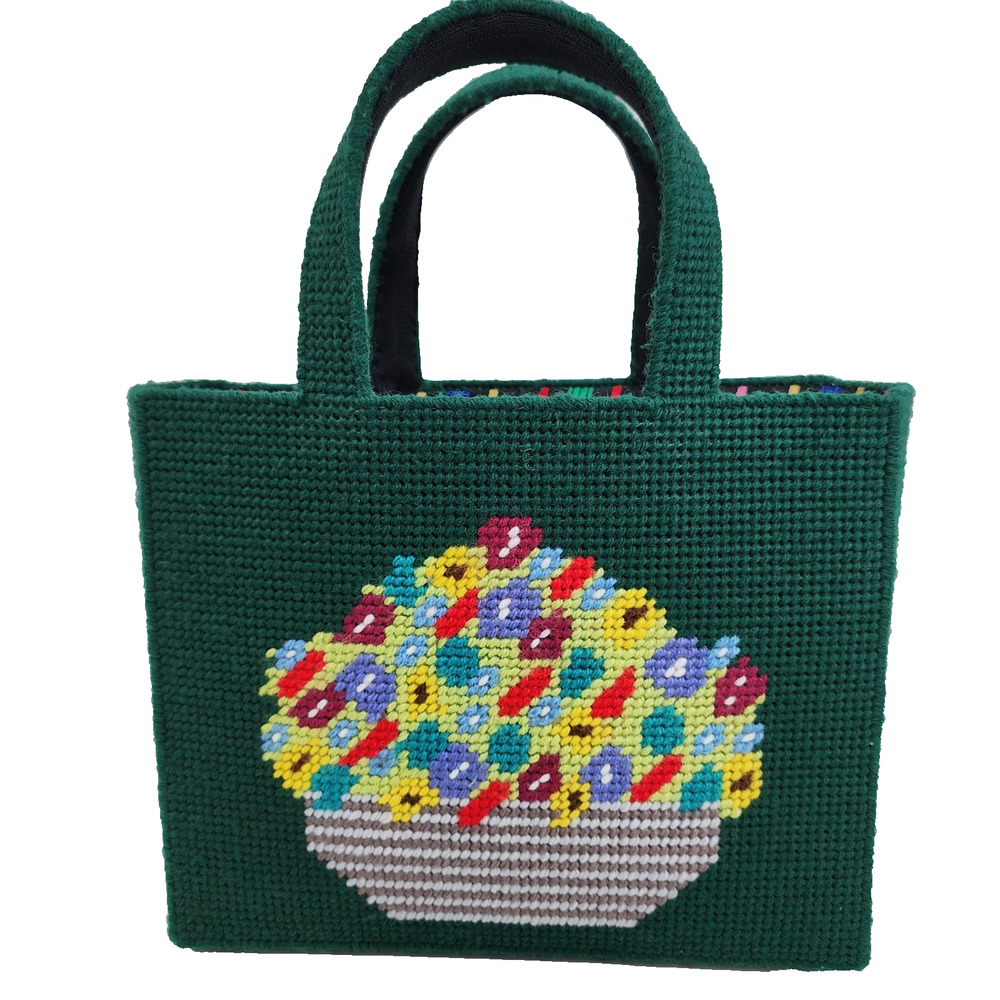 VTG Handmade Needlepoint Tote Bag Floral Canvas Plastic Purse Craft Knit 11x9 - Picture 5 of 15